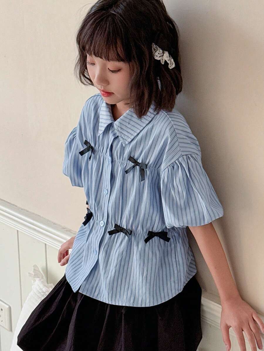 Dazy Kids Tween Girl Striped Bowknot Contrast Color Short Sleeve Fashionable Shirt, Summer,Back To School Clothes - Blue - View 1