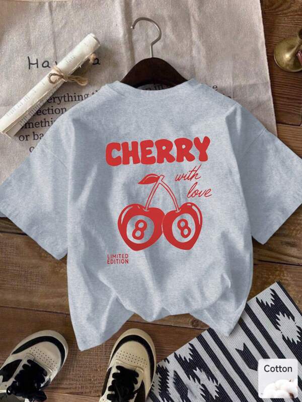 Tricou cu mânecă scurtă, tip Tween Girl, versatil, cu imprimeu cu litere cireșe