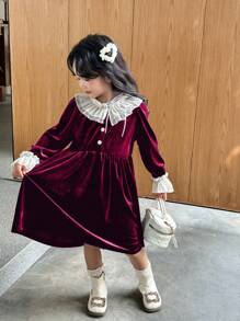 SHEIN Young Girl's Elegant Luxury Princess Retro French Style White Double-Layer Ruffle Collar And Cuff With Black Velvet Waisted A-Line Long Sleeve Dress, Suitable For Autumn, Winter, Formal Dinner, Wedding, Gala, Stage Performance