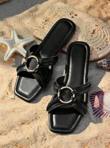 Styleloop Women's Flat Sandals, Buckle Decor, Casual Summer Shoes - Black - View 6