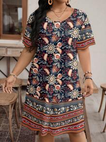 EMERY ROSE Casual Vintage Floral Pattern Loose Round Neck Short Sleeve Plus Size Dress, Suitable For Summer,Beach Dress Sundress,Holiday Outfits Boho Suitable For Going Out Chic Dress,Flower/Vacation/Spring - Black - View 6