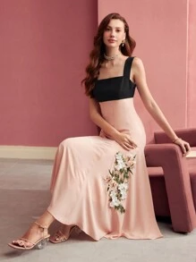 MOTF PREMIUM SQUARE NECK COLORBLOCK APPLIQUE LONG DRESS,VALENTINE'S DAY OUTFIT,SPRING/SUMMER - Pink - View 2