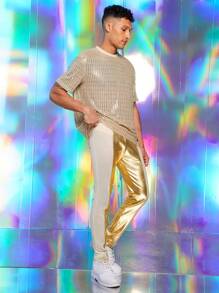 FeverCity Men's Elastic Leather Contrast Mesh Slim Fit Pants - Gold - View 5