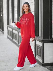 SHEIN LUNE Set de 2 piezas compuesto por sudadera con cuello redondo, estampado de letras y hombros caídos, talla grande pantalones de cintura elástica y pierna ancha para mujeres