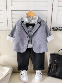 SHEIN 4pcs/Set Baby Boy Autumn/Winter Colorblock Ribbon Collar Long Sleeve Cardigan, Collar Shirt, Elastic Waist Pants Outfit With Belt, Suitable For Birthday Party, New Year, Christening, 1st Birthday, Party, Performance, Wedding, Baby Shower