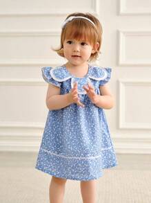 SHEIN 女婴夏季新款蓝色碎花公主裙，荷叶边袖，宽松荷叶边下摆和蕾丝边，甜美时尚 - 藍色 - 查看 1