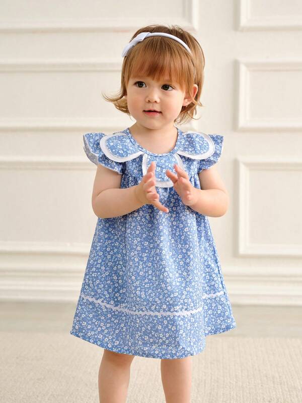Souflis Souflis Baby Girls' Summer New Blue Floral Princess Dress With Ruffle Sleeves, Loose Fit Flounce Hem & Lace Trim, Sweet & Fashionable