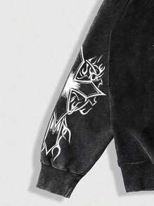 ROMWE MEN Street Life 男士复古水洗图案和字母印花连帽衫，街头风格