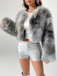 SHEIN PETITE Women Fluffy Coats - Grey - View 4