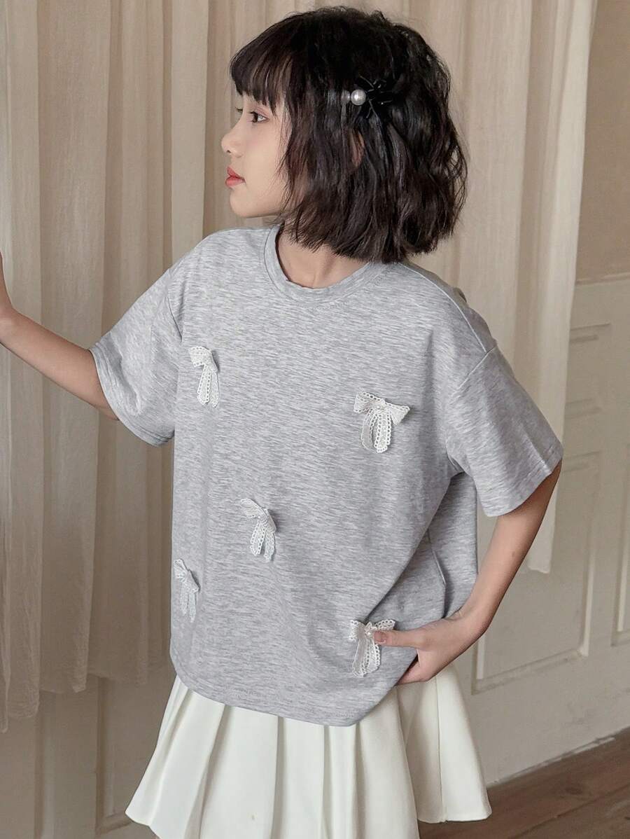 Dazy Kids Tween Girl Round Neck Short Sleeve Bow Decor T-Shirt,Girls Summer Outfits,Back To School Clothes - Grey - View 1