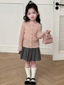 DAZY Girls' Round Neck Solid Ribbed Long Sleeve Cardigan, Spring - Pink - View 2