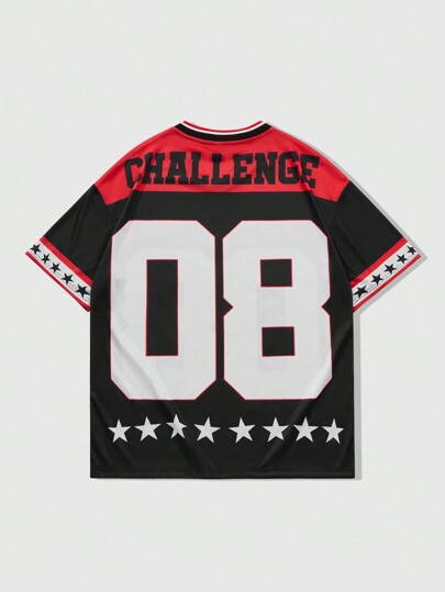 Prep Men's Jersey Solid Color Patchwork Short Sleeve Numeric Print Casual Football Jersey Style T-Shirt