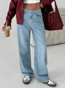 EURMUSE Casual Vintage Wash High Waisted Straight Leg Jeans - Medium Wash - View 1