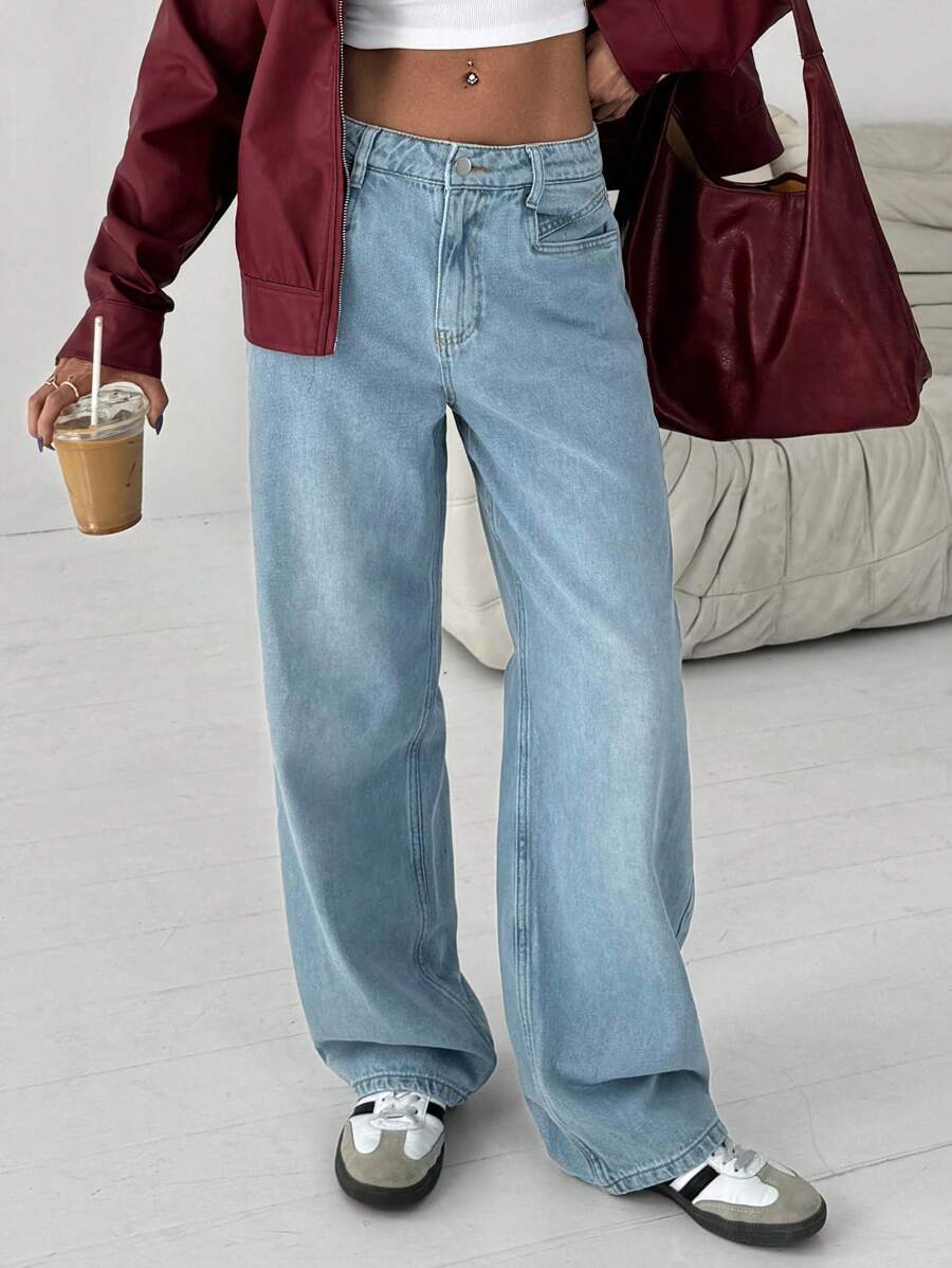 EURMUSE Casual Vintage Wash High Waisted Straight Leg Jeans - Medium Wash - View 1