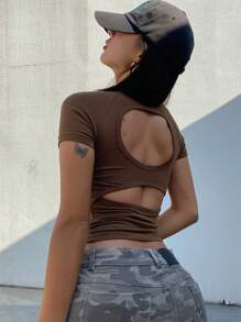 DAZY 女士纯色棕色圆领短袖镂空休闲上衣，日常穿着，露背上衣 - 棕色 - 查看 8