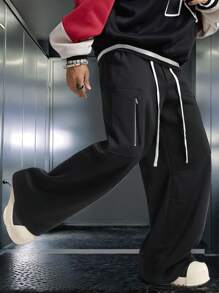 Manfinity VCAY Men's Letter Print Drawstring Waist Loose Fit Casual Wide Leg Knit Sweatpants Graphic Going Out Straight Leg Sweatpants, For Husband, Boyfriend Gifts - Black - View 4