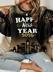 SHEIN LUNE 女式 2025 新年快乐烟花印花休闲简约设计宽松圆领长袖运动衫上衣 - 彩色 - 查看 1