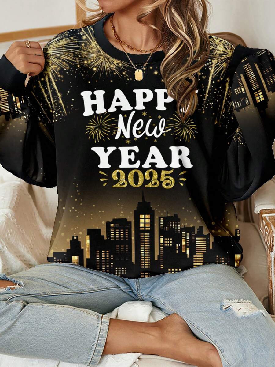 SHEIN LUNE 女式 2025 新年快乐烟花印花休闲简约设计宽松圆领长袖运动衫上衣 - 彩色 - 查看 1