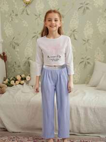 2pcs Girls Butterfly & Stripes Print Casual Home Outfit Set Including Long Pants And Long Sleeve Top