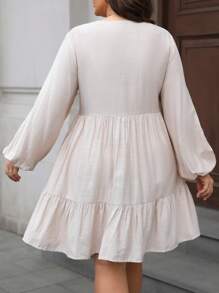 SHEIN Unity Women's Elegant V-Neck Embroidered Lantern Sleeve A-Line Short Dress,Pink Floral,Autumn,Boho,Vacation Casual Commuting Spring Winter Fall Clothes - Apricot - View 4