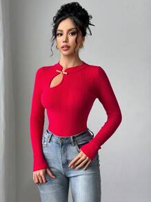 SHEIN Privé Christmas & New Year Elegant Casual Hollow-Out Neck Metal Decor Tight Knit Sweater, Suitable For Valentine's Day, Autumn & Winter - Red - View 6