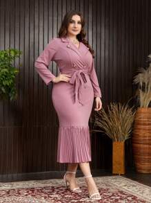 Modelyn Plus Size Solid Color Button Down Long Sleeve Tie Front Casual Dress