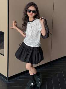 DAZY 2pcs/Set Tween Girl Round Neck Short Sleeve Allover Print Simple Top And Skirt Outfit,Girls Summer Outfits,Back To School Clothes - White - View 5