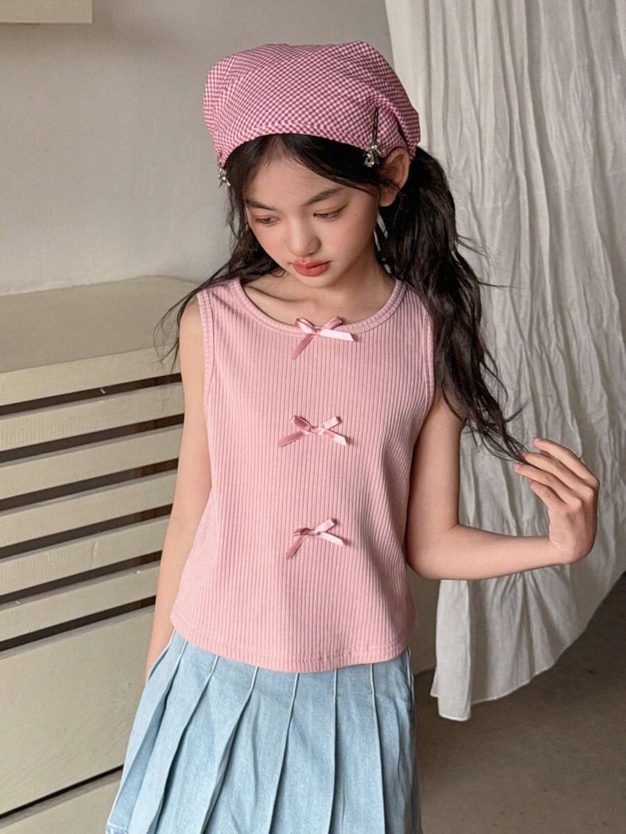 DAZY Áo tank top không tay cổ tròn màu trơn cho bé gái tuổi teen, có nơ trang trí, thích hợp cho mùa hè và năm học mới. - Hồng - Xem 1