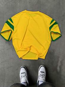 Manfinity Campus Court 男士休闲拼色条纹字母印花短袖 T 恤 - 彩色 - 查看 2