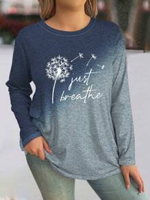 INAWLY Camiseta de manga larga de cuello redondo holgada con estampado de dientes de león degradado azul, talla grande para mujer, primavera/otoño