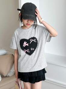 DAZY 青少年女孩图案 T 恤，秋夏装，返校服 - 灰色 - 查看 3