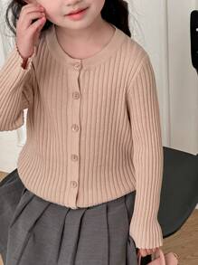 DAZY Girls' Round Neck Solid Ribbed Long Sleeve Cardigan, Spring - Pink - View 6