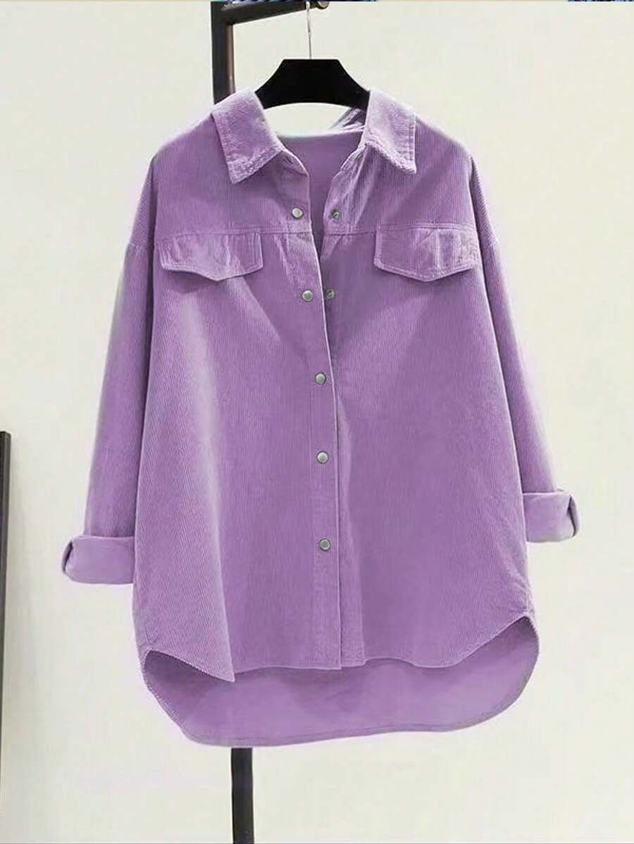 SHEIN LUNE 大码常规灯芯绒长袖宽松衬衫 - 紫色 - 查看 1