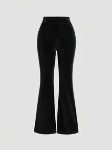 Flirla Women's Solid Color Button-Decorated Casual Velvet Flare Pants