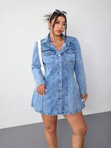 SHEIN EZwear Plus Size Front Button Long Sleeve Pocket Simple Short Denim Dress - Blue - View 4