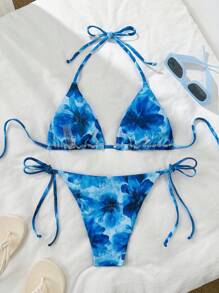 Swim Mod Conjunto de bikini de mujer con cuello de halter, sujetador con triángulo y braguitas de amarrar en los laterales para el verano