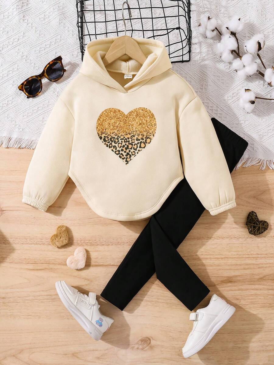 SHEIN Leap Crew Bộ 2 Áo Hoodie Họa Tiết Trái Tim Có Viền Cong Trễ Vai Cho Bé Gái, Phong Cách Thể Thao, Thích Hợp Mặc Thường Ngày & Hàng Ngày & Đi Học Hàng Ngày Vào Mùa Thu & Đông - Nhiều màu - Xem 1
