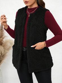 SHEIN LUNE Plus Size Women Casual Fuzzy Texture Double Pocket Front Open Vest, Suitable For Autumn Plus Size Fall Clothes Winter - Black - View 6