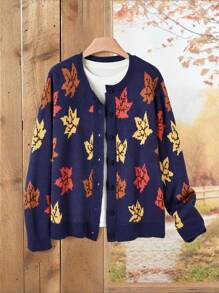 EMERY ROSE Women's Multi-Color Maple Leaf Jacquard Casual Loose Fit Button-Front Long Sleeve Cardigan - Multicolor - View 1