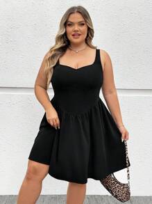 SHEIN CURVE+ Vestido corto y entallado de color negro para mujer de talla grande con decoración de espina de pescado, adecuado para citas, fiestas y galas - Negro - Ver 6