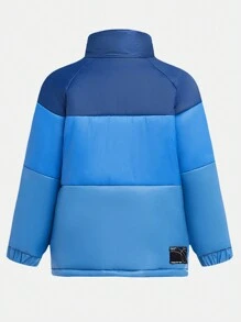 SHEIN 年轻男孩蓝色渐变极简英文字母徽标拼色休闲校园运动棉服外套