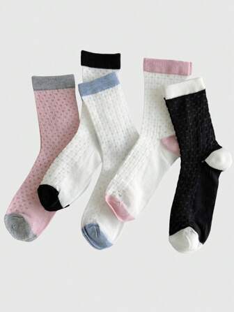 Kawaii 5 pares de calcetines de media caña con estampado de corazón hueco en estilo lindo y color aleatorio, calcetines JK adorables, versátiles y casuales para mujer