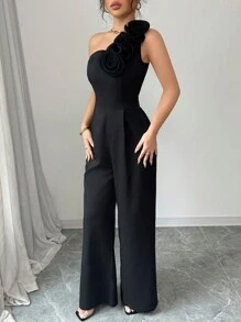 Rafferiza 女士 3D 花朵装饰简约休闲紧身连身裤 - 黑色 - 查看 7