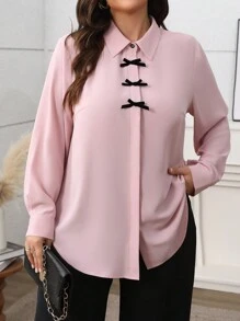 EMERY ROSE Áo sơ mi màu trơn thanh lịch phong cách Pháp cỡ lớn cho nữ, cổ buộc, tay dài - Hồng - Xem 1