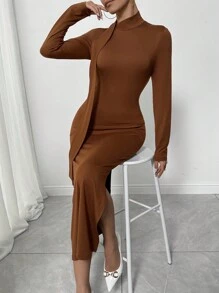 SHEIN Clasi 女士优雅纯色不对称领长袖紧身连衣裙，春秋装