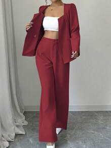 Elenzga Apricot Elegant Long Sleeve Square Collar Waisted Short Jacket + High Waist Long Pants Set, Early Autumn