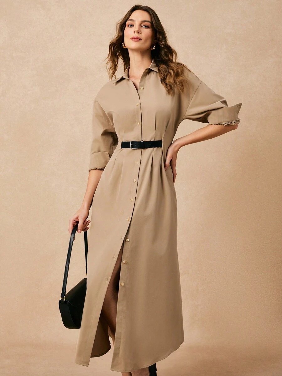 Poéselle 秋季卡其色女士休闲前腰可调节腰带纽扣长袖衬衫裙，超长衬衫裙，优雅外出装，春季服装，职业女性服装 - 卡其色 - 查看 1