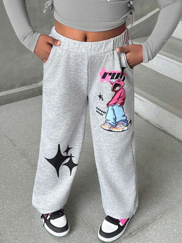 Calças casuais com estampa de bolso e cintura elástica para meninas pré-adolescentes, uso diário