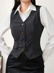 Modelyn Veste sans manche casual à boutonnage simple de couleur unie pour femme, Automne - Gris foncé - Voir 1