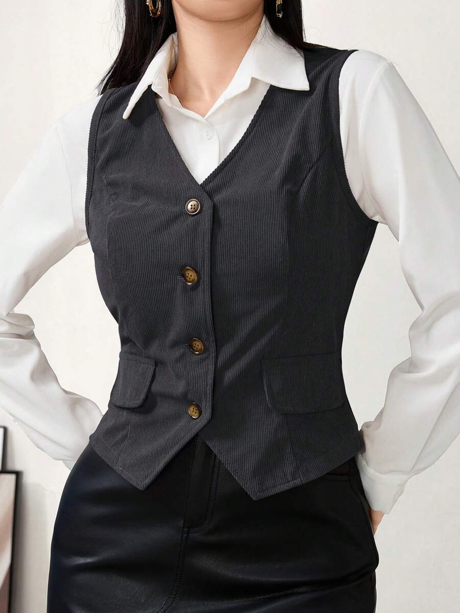 Modelyn Veste sans manche casual à boutonnage simple de couleur unie pour femme, Automne - Gris foncé - Voir 1